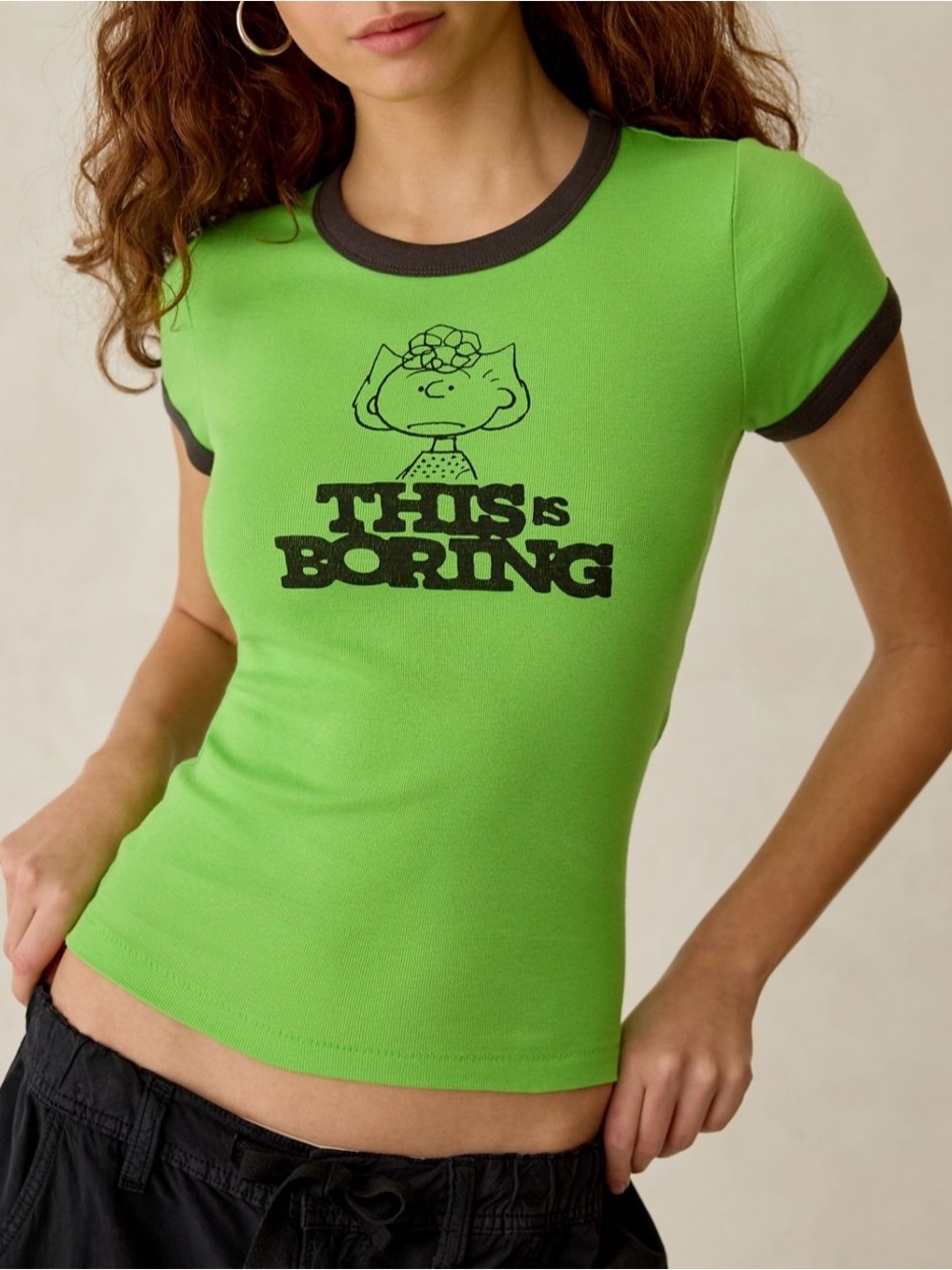 Peanuts UO Exclusive Too Perfect Graphic Green Baby Tee Size Small